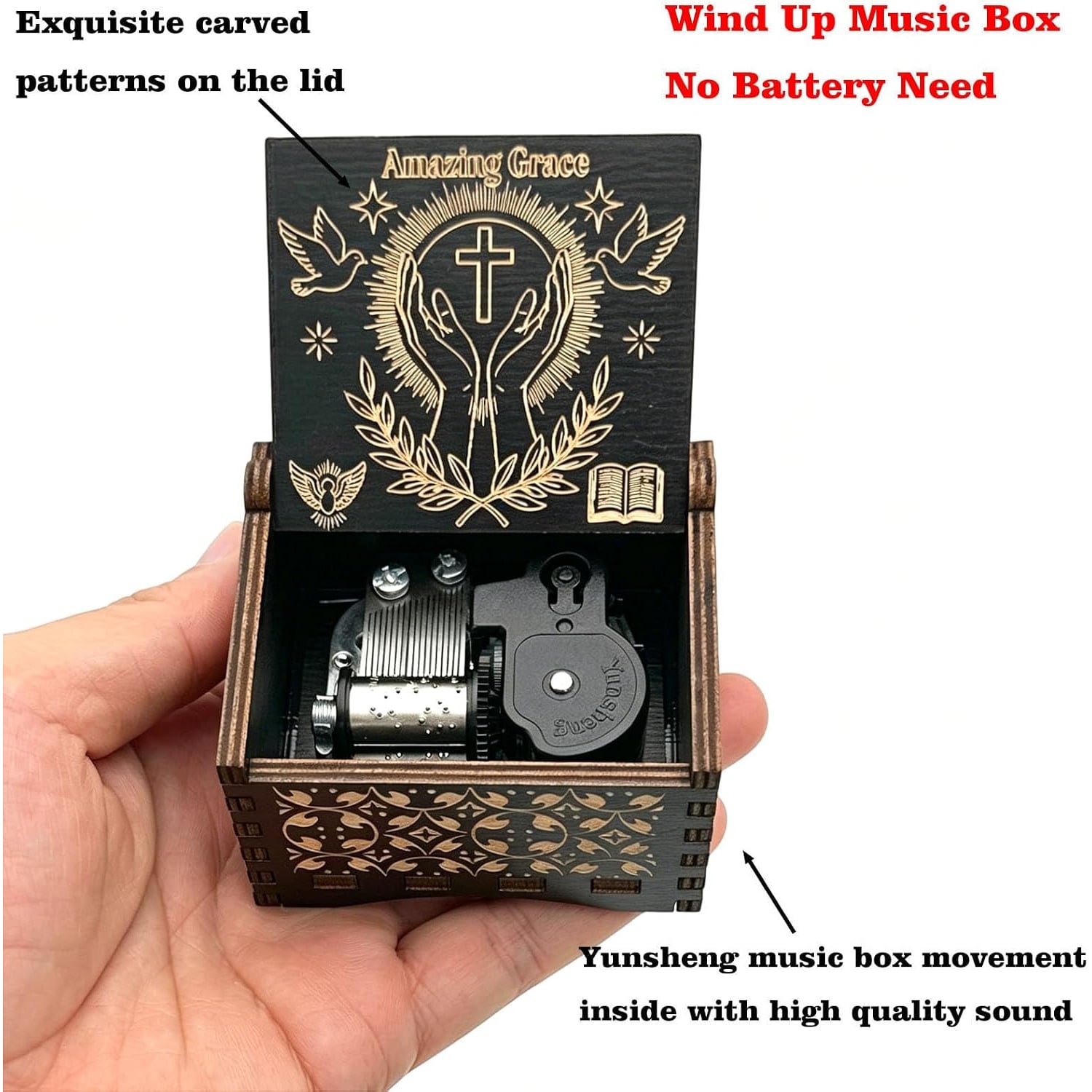 Amazing Grace Engraved Wooden Music Box, detail view