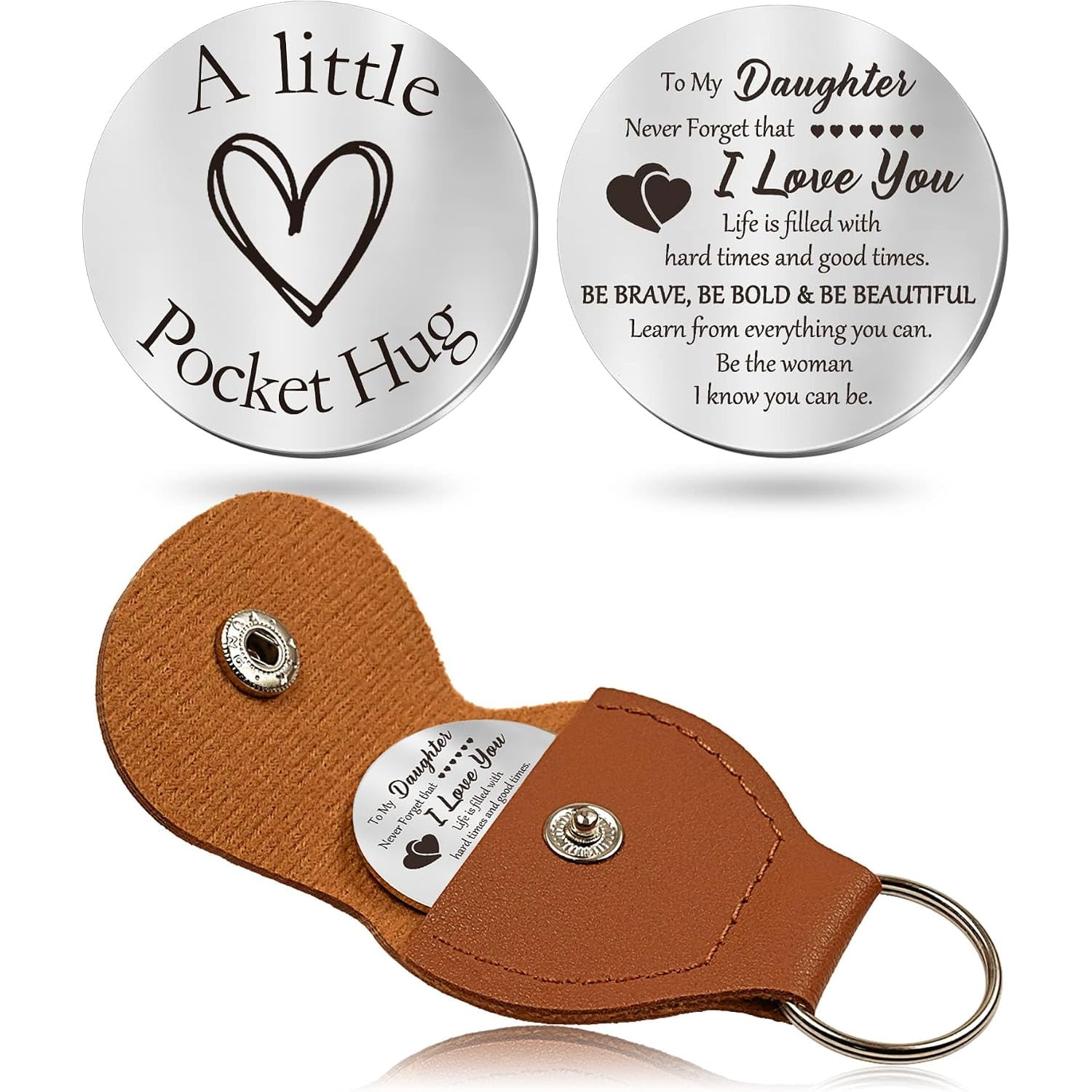 To My Daughter Engraved Pocket Hug Token with PU Leather Keychain Pouch
