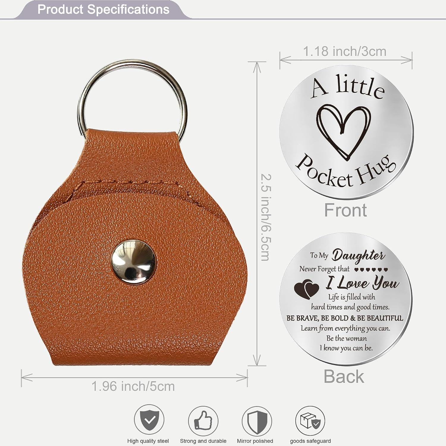 To My Daughter Engraved Pocket Hug Token with PU Leather Keychain Pouch