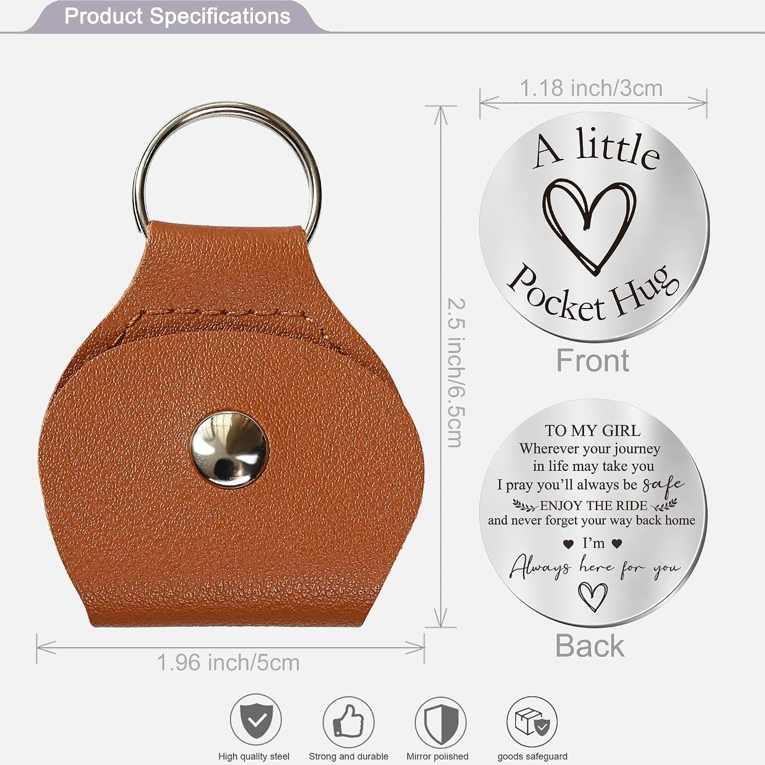 To My Girl Engraved Pocket Hug Token with PU Leather Keychain Pouch