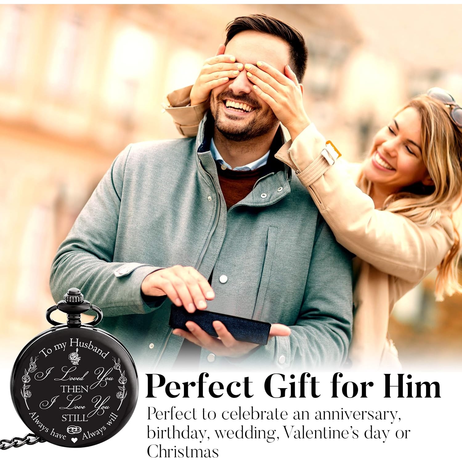 To My Husband Engraved Pocket Watch with Chain and Gift Box