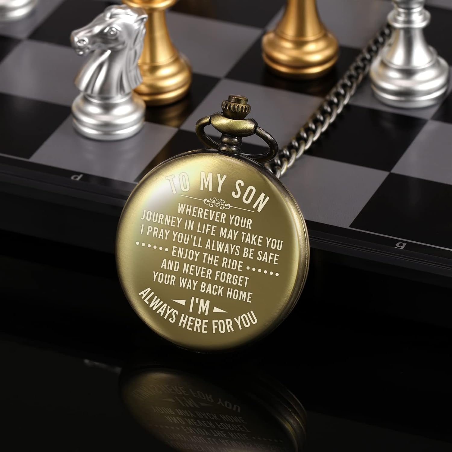 To My Son Engraved Bronze Pocket Watch with Chain and Gift Box: image 3