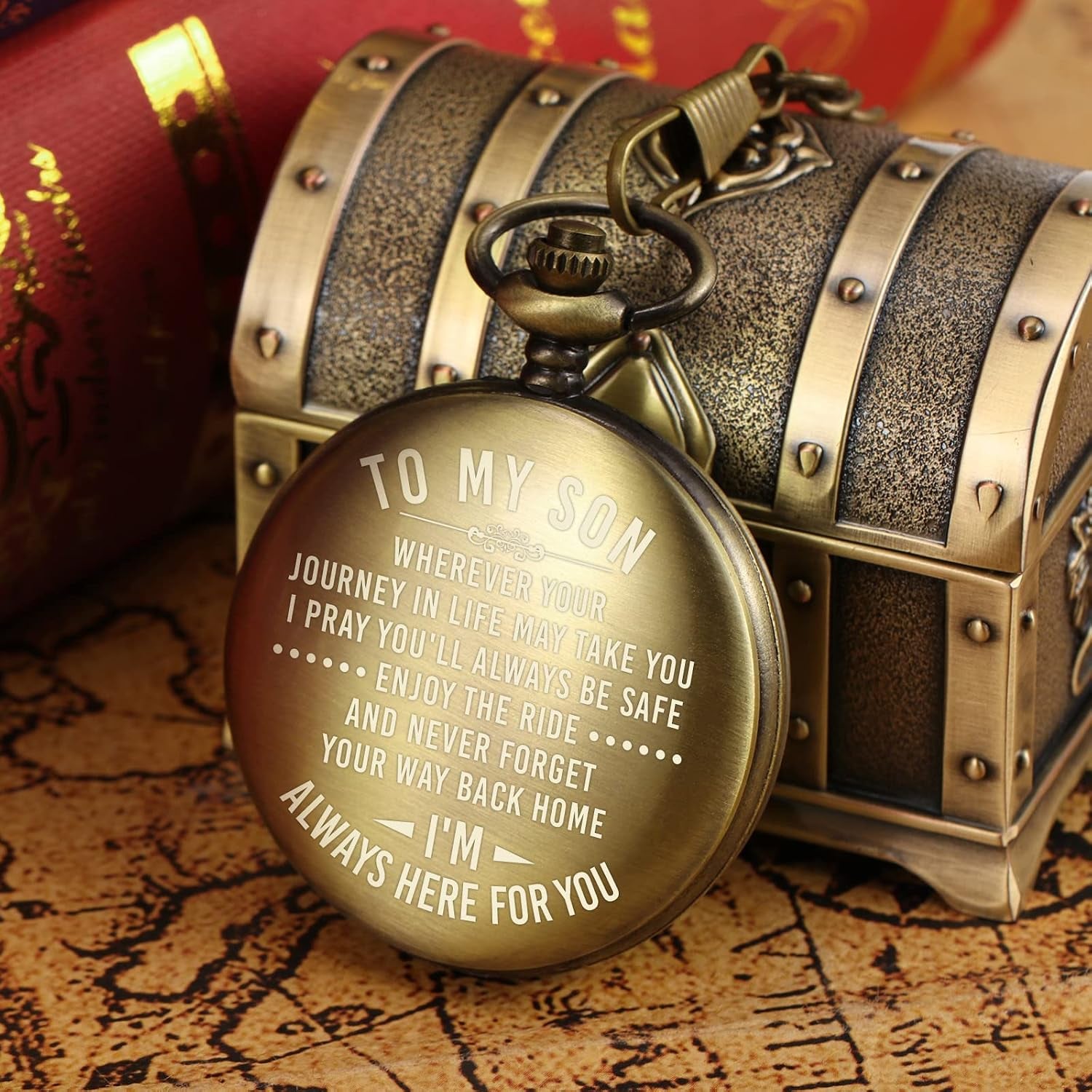 To My Son Engraved Bronze Pocket Watch with Chain and Gift Box: image 4