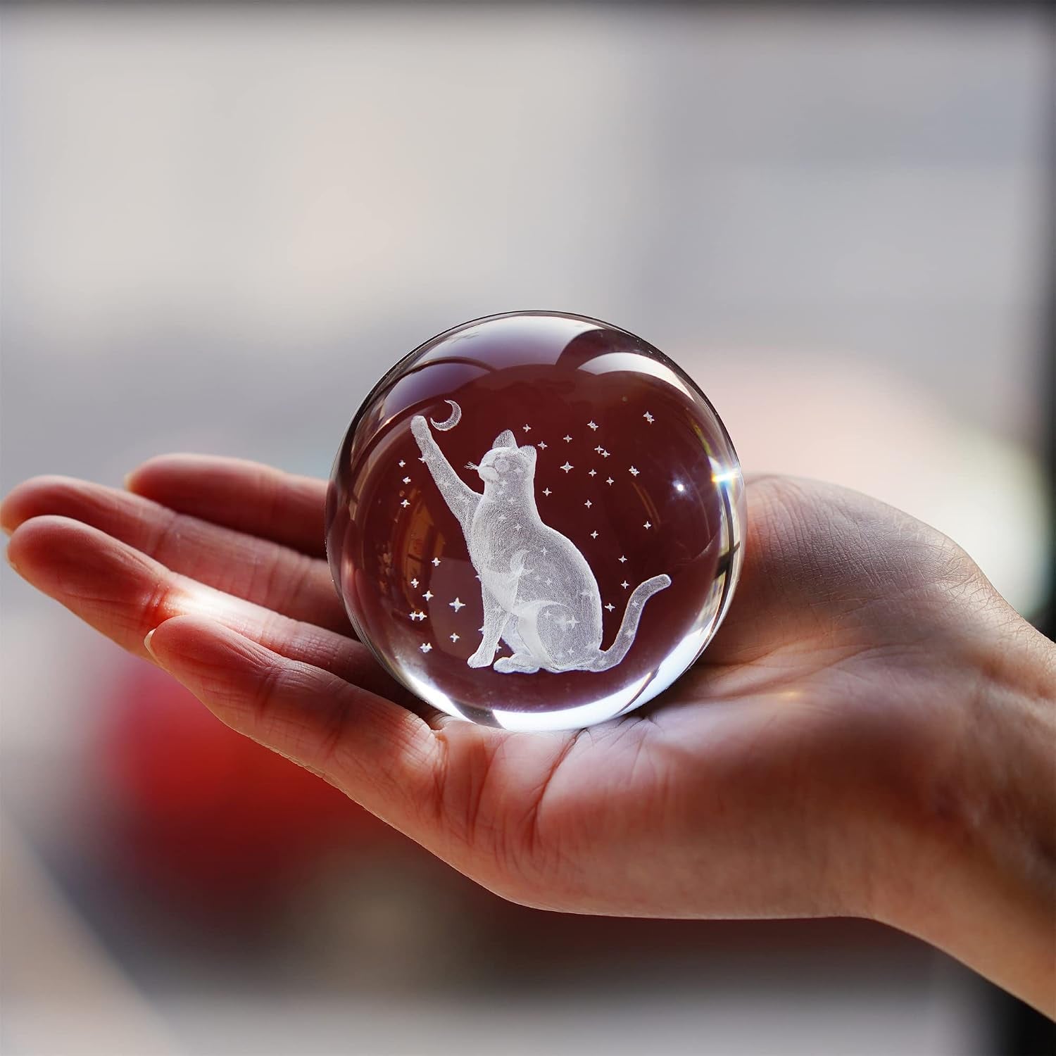 Cat Engraved Crystal Ball with Metal Stand