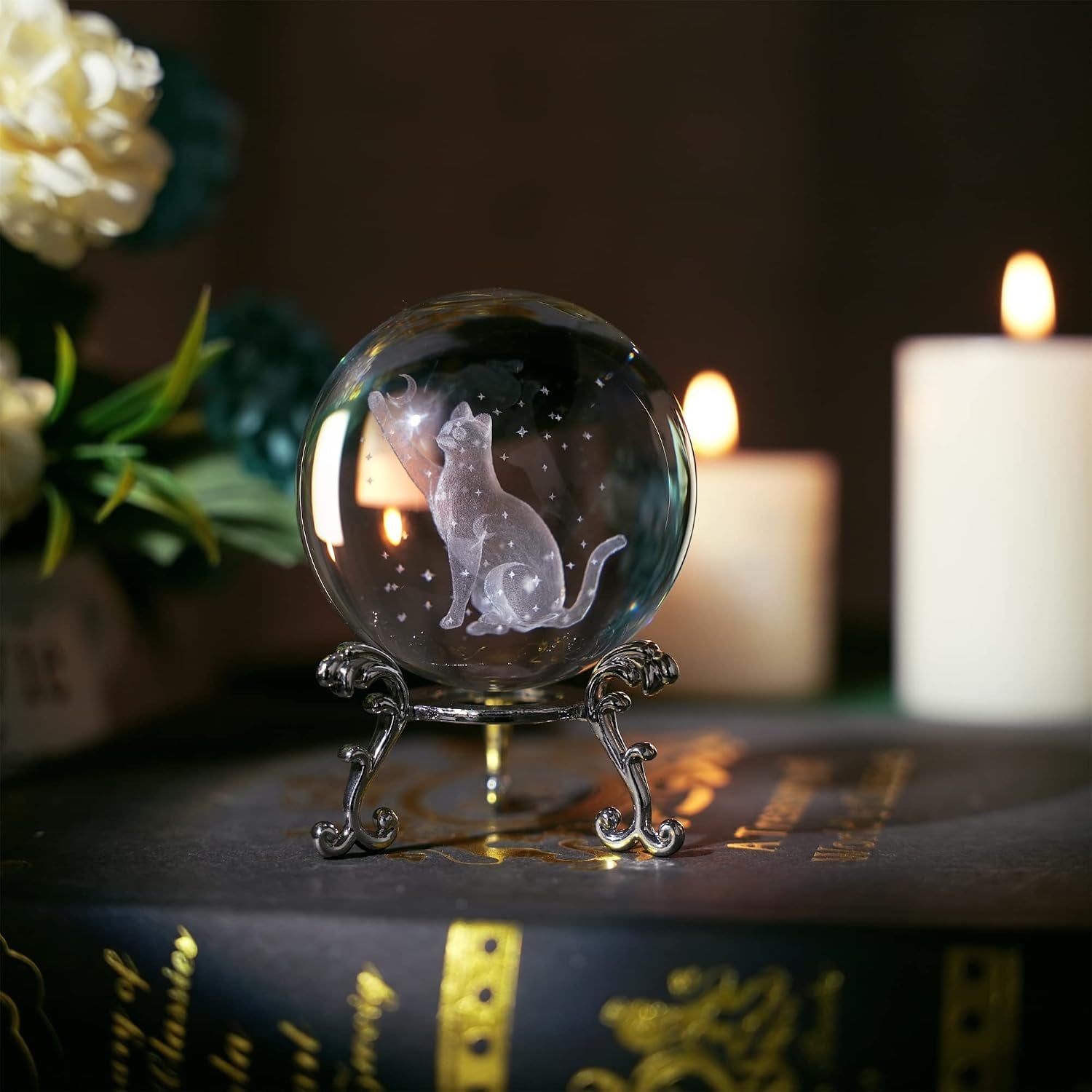 Cat Engraved Crystal Ball with Metal Stand