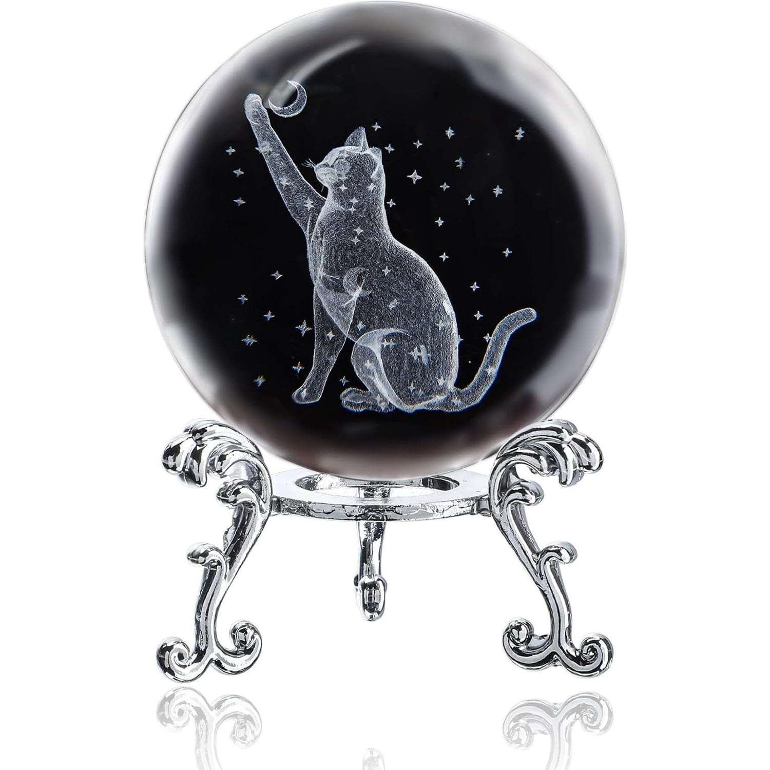 Cat Engraved Crystal Ball with Metal Stand