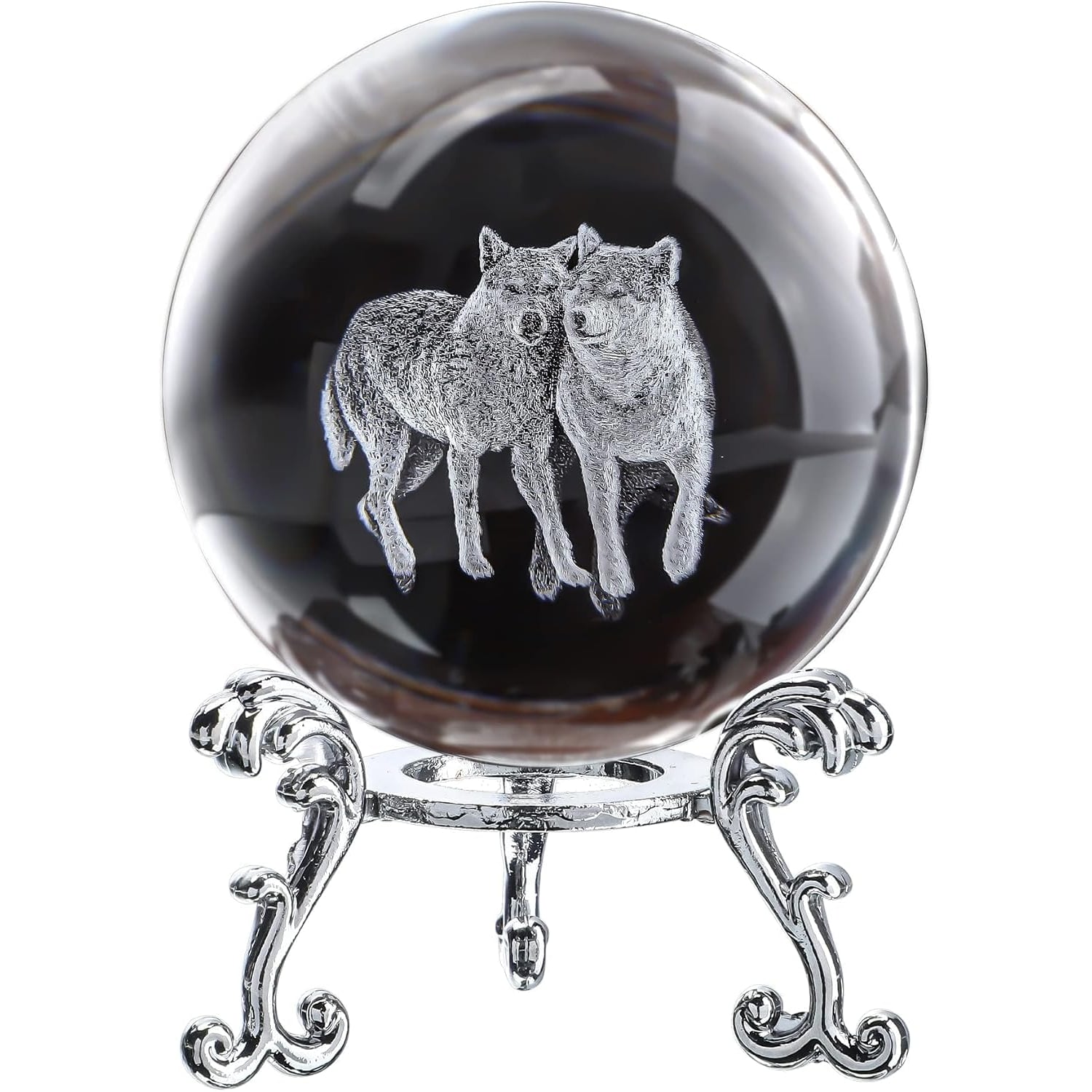 Wolf Engraved Crystal Ball with Metal Stand