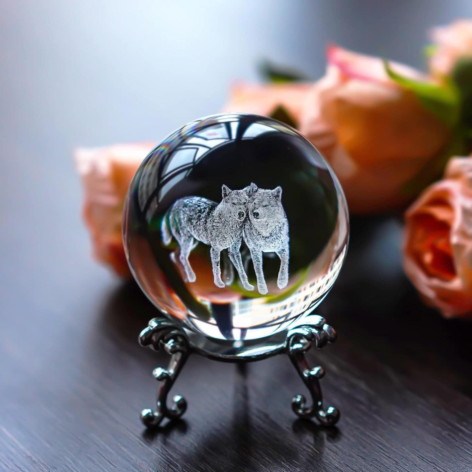 Wolf Engraved Crystal Ball with Metal Stand