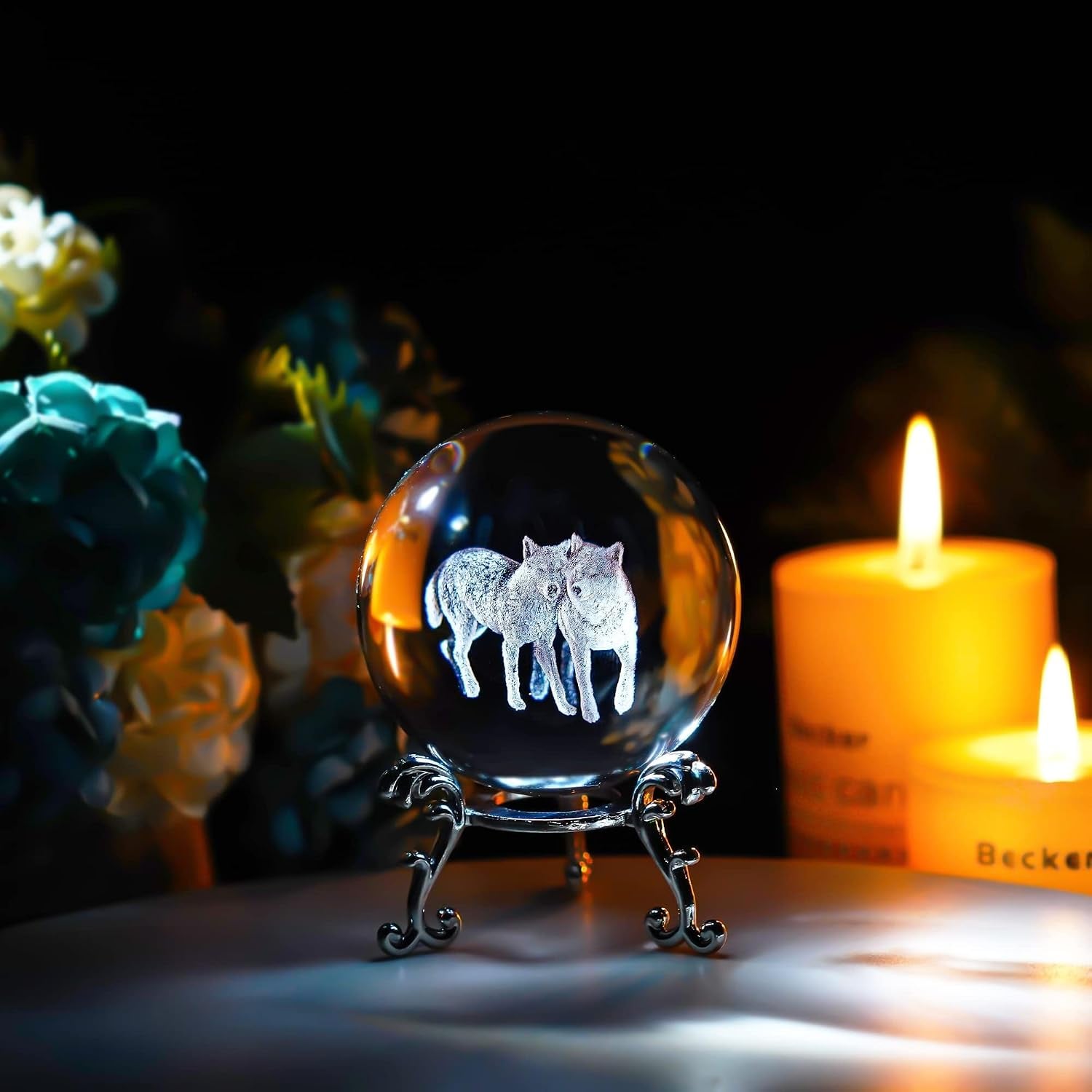 Wolf Engraved Crystal Ball with Metal Stand