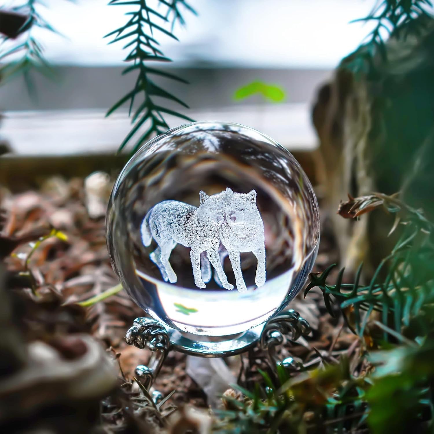 Wolf Engraved Crystal Ball with Metal Stand