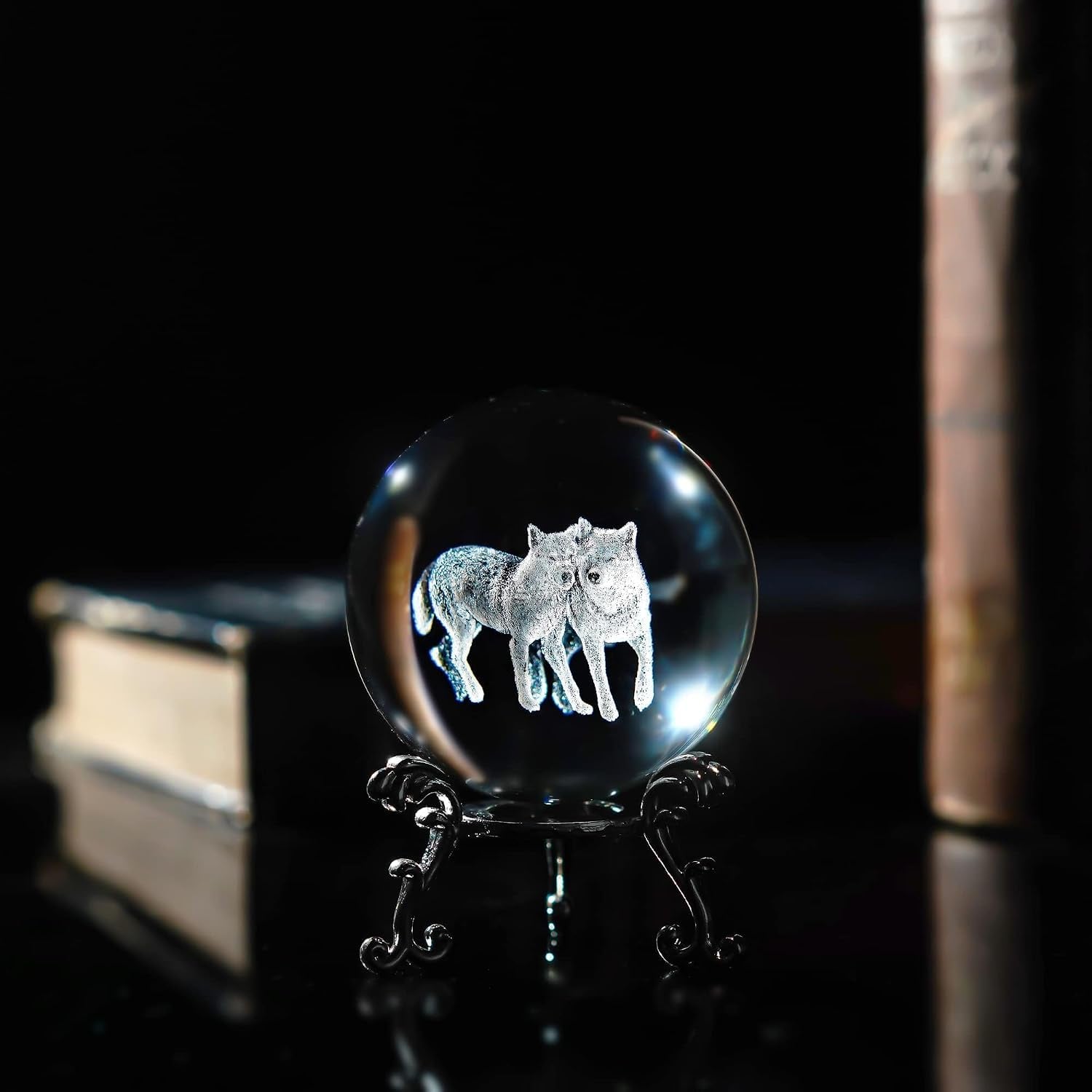 Wolf Engraved Crystal Ball with Metal Stand