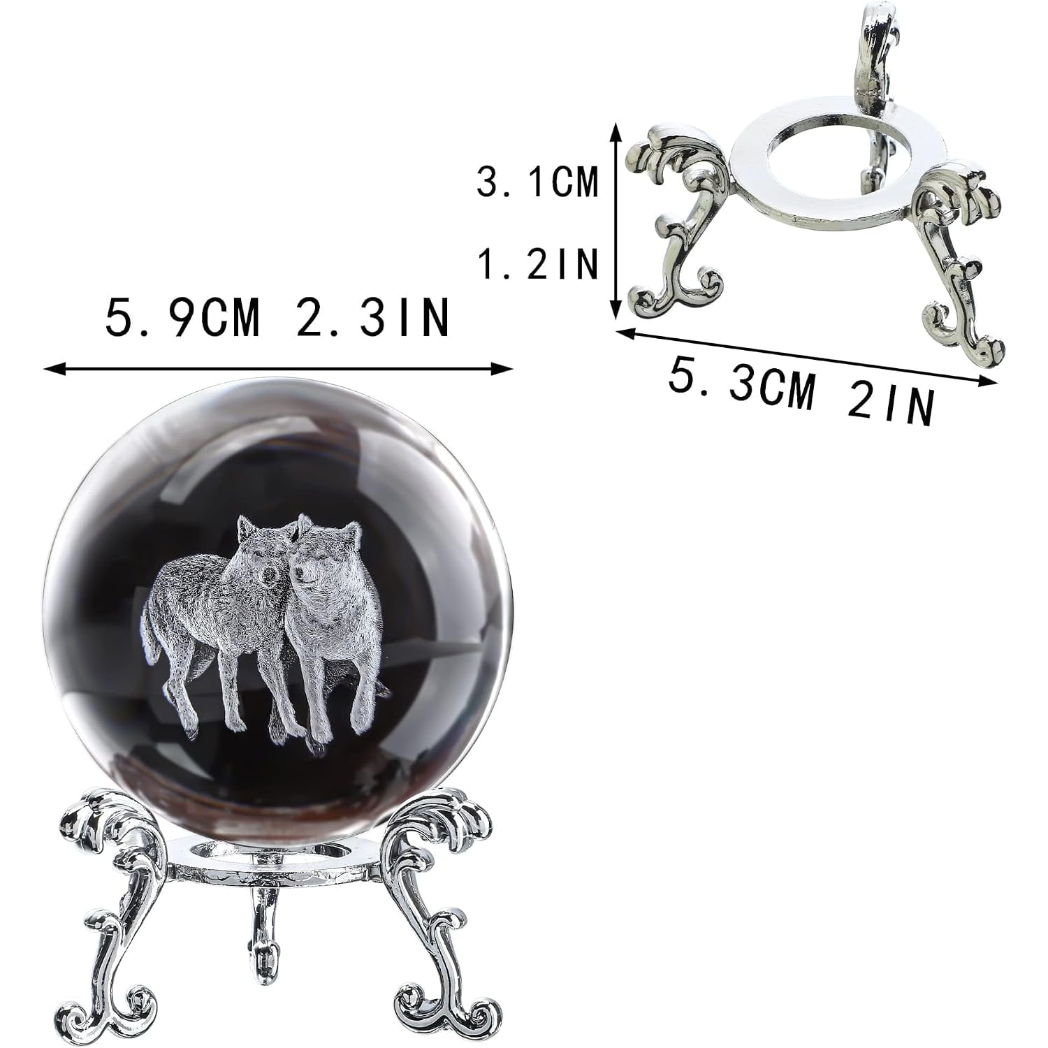 Wolf Engraved Crystal Ball with Metal Stand